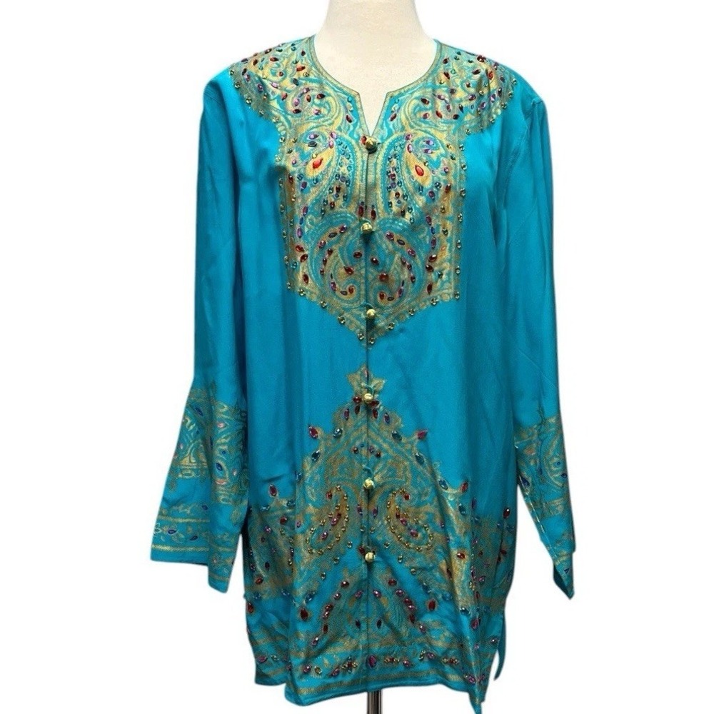 Diane Gilman Turquoise SILK‎ Tunic Medium Exotic Embroidery Colorful Jewels NWT